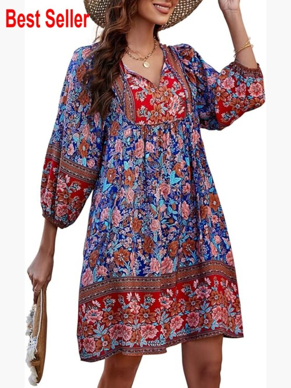 Rayon V Neck 3/4 Sleeve Boho Floral Summer Dress